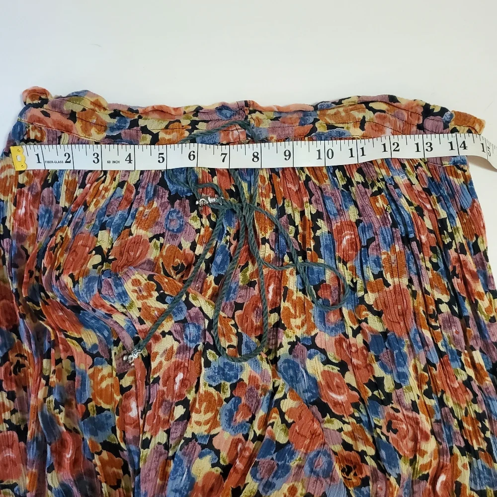 Pleated Maxi Skirt Floral Print In Fall Colors Draw String Adjustable Waist EUC